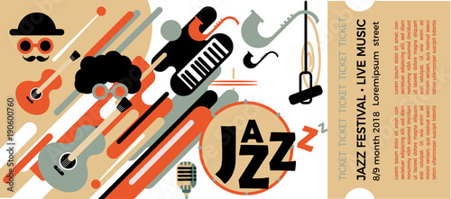 Fototapety Jazz  szablon-biletu-festiwalu-jazzowego-z-instrumentami-muzycznymi-ilustracja-z-saksofonem