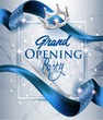 Elegant grand opening invitation card with blue textured curled blue ribbon and marble background. Vector illustration