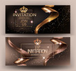 Elegant invitation card with beige textured curled gold ribbons. Vector illustration