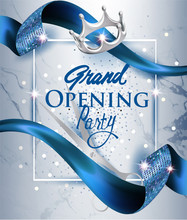 Elegant Grand Opening Invitation Card With Blue Textured Curled Blue Ribbon And Marble Background. Vector Illustration
