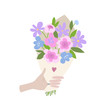 A Male hand gives spring bouquet of flowers. Valentines day, Wedding bouquet flowers, birthday bouquet flowers. Vector illustration in flat design