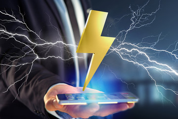 Poster - Thunder lighting bolt symbol displayed on a futuristic interface - 3d rendering