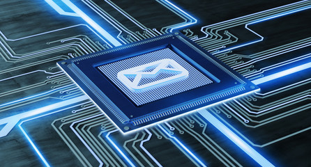 Poster - CPU processor chip with a message and network connection on a circuit board - 3d render