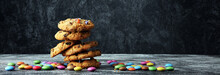 Chocolate Cookies With Colorful Candies. Chocolate Chip Smarties Cookies.