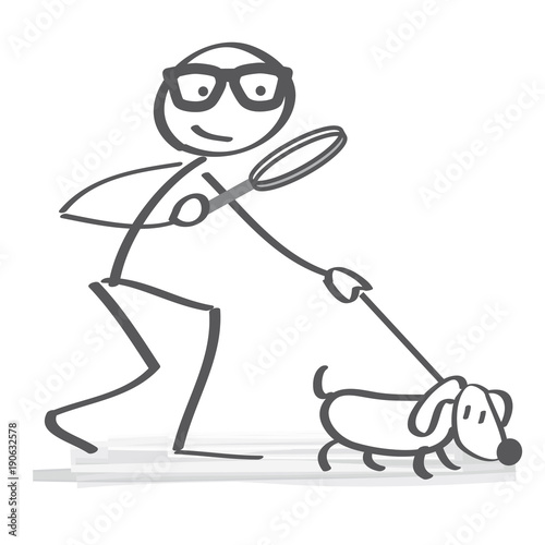 Vettoriale Stock Strichmännchen mit Spürhund und Lupe aud der Suche