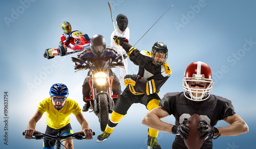 Dekoracja na wymiar  konceptualny-multisportowy-kolaz-z-futbolem-amerykanskim-hokejem-kolarstwem-szermierka