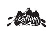 Handwritten lettering on Silhouette of rafting team background. Typography emblem design
