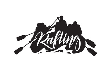 Wall Mural - handwritten lettering on silhouette of rafting team background. typography emblem design