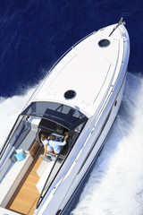 Wall Mural - luxury motor boat, aerial view 