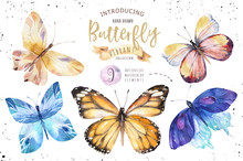 Set Of Watercolor Boho Butterfly. Vintage Summer Isolated Spring Art. Watercolour Illustration. Design Wedding Card, Insect, Flower Beauty Banner. Bohemian Decoration.