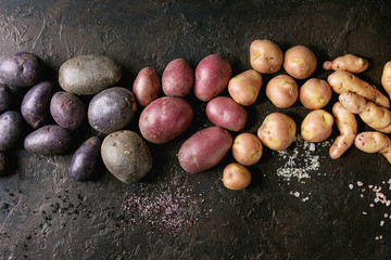 Wall Mural - Variety of raw uncooked organic potatoes different kind and colors red, yellow, purple with various of salt over dark texture background. Top view, copy space