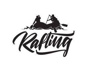 Fototapete - Hand drawn lettering type of Rafting with silhouette of team in boat. Typography emblem design
