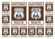 Route 66 Verkehrszeichen aus USA / Amerika mit allen betroffenen Staaten in historic Design auf einem isolierten weißen Hintergrund