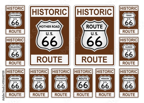 Route 66 Verkehrszeichen aus USA / Amerika mit allen betroffenen Staaten in hist Poster