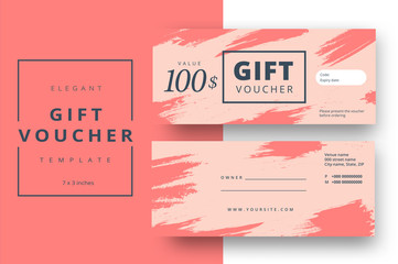 Wall Mural - Abstract gift voucher card template. Modern discount coupon or certificate layout with artistic brush strokes pattern. Vector fashion bright background design with information sample text.