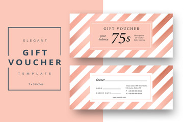 Wall Mural - Abstract gift voucher card template. Modern discount coupon or certificate layout with bronze geometric stripe pattern. Vector fashion bright background design with information sample text.
