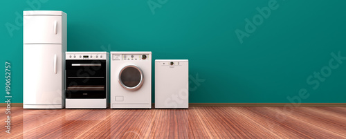 Fotomural Set of home appliances on a wooden floor. 3d illustration