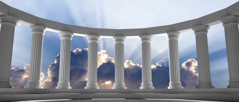 marble pillars and steps on blue sky with clouds background. 3d illustration