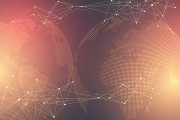 Aufkleber - Virtual graphic background with world globes. Global network connection. Digital data visualization. Connection two hemisphere of the planet Earth. Vector illustration.
