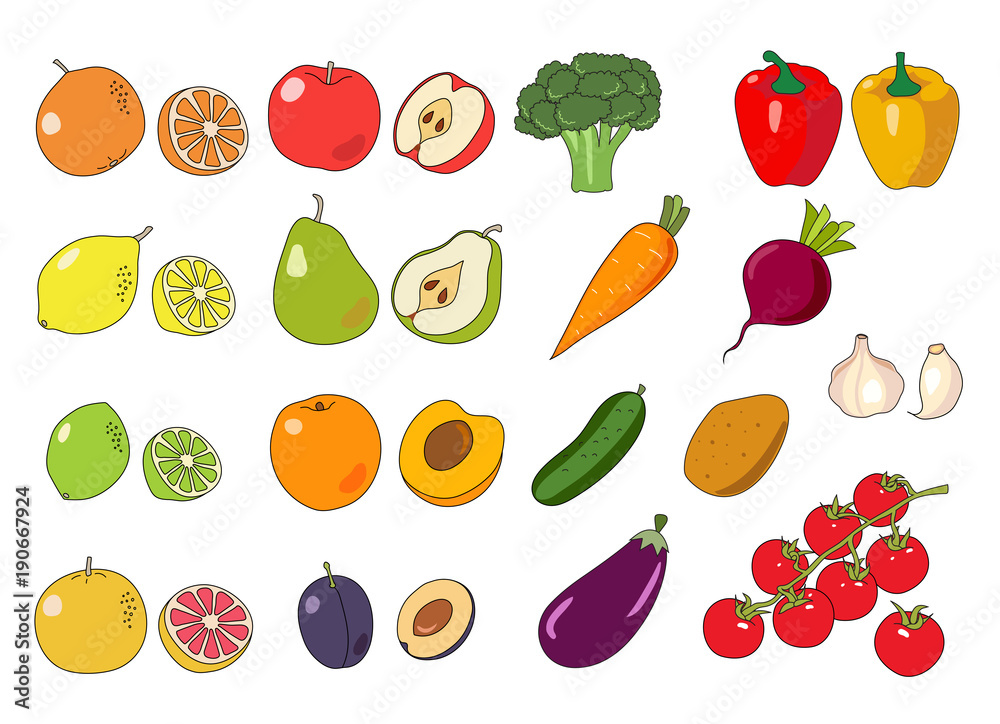 Fruits and vegetables collection - cute colorful vector illustration ...
