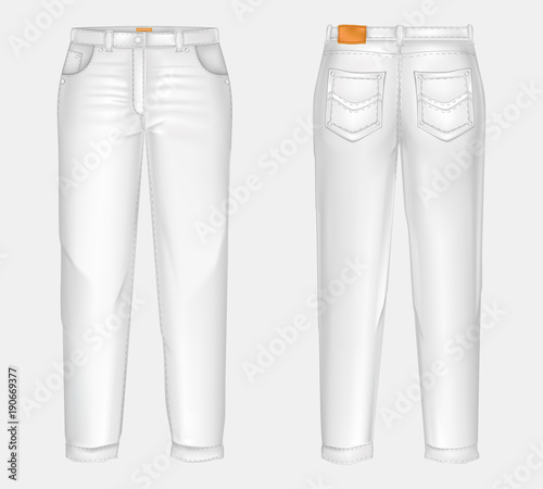 Download Vector Realistic White Casual Jeans Unisex Model Straight And Baggy Front And Back View Isolated On Gray Background Comfortable Denim Pants Ironed And Clean Mockup For Clothing Design Stock Vector Adobe