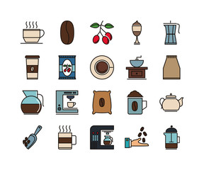 Canvas Print - Set of 20 Coffe and tea beverage icon pack, drinks thin line vectors