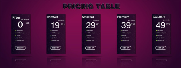 four tariffs banners. banner from paper. vector design for web app. price list.