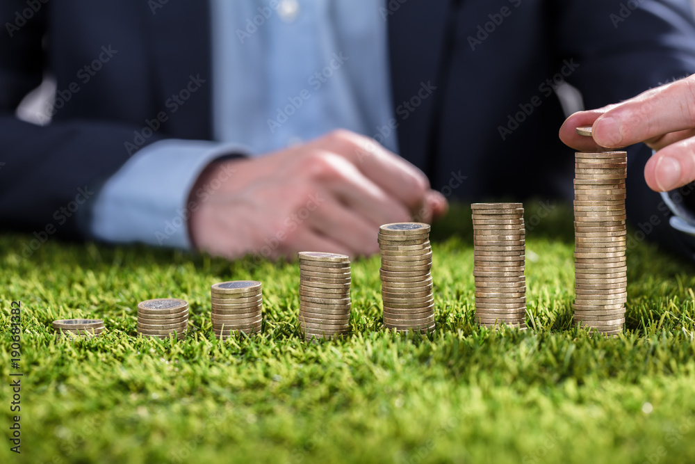Businessperson Stacking Coins On Grass - obrazy, fototapety, plakaty 