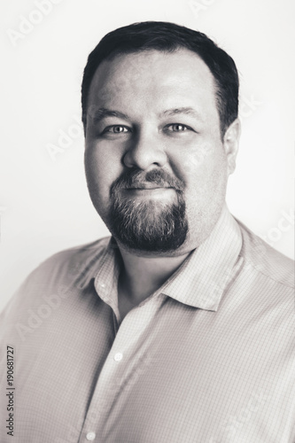 Close Up Black And White Portrait Of Caucasian Big Fat Stout