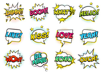 Wall Mural - retro colorful comic speech bubbles set with halftone shadows on white background. expression text h