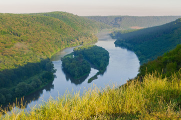 Top view on the beautiful islands of Yin-Yan on the Dniester River (Dnestr). National Nature Park Dniester Canyon, Seven Wonders of Ukraine