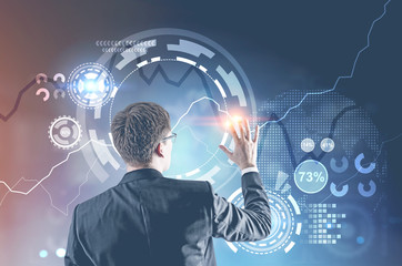 Poster - Young businessman, HUD hologram, blue, graph