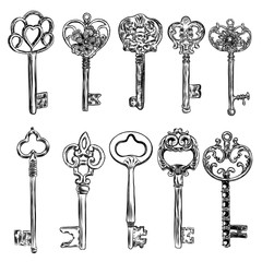 Wall Mural - Ornamental medieval vintage keys set with intricate design, Victorian leaf scrolls and hand drawn heart shaped swirls,  composed of flower-de-luce shapes.  Vector.