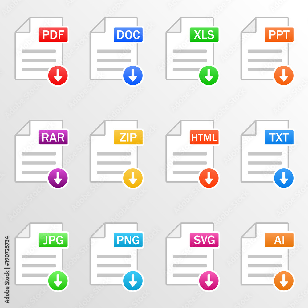 Vetor Document files. Icon set. Download file formats - pdf, doc, xls ...