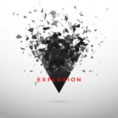 Poster - Shatter and destruction dark triangle. Abstract cloud of pieces and fragments after explosion. Vector illustration isolated on gray background