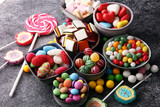 candies with jelly and sugar. colorful array of different childs sweets and treats