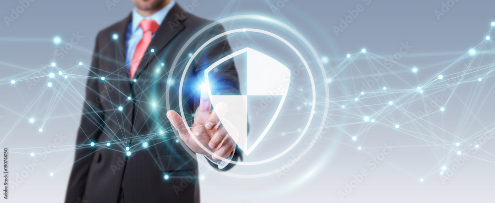 Businessman using shield safe protection with connections 3D rendering - obrazy, fototapety, plakaty 