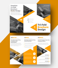 Aufkleber - Design a white vector tri-fold brochure with yellow triangles for headlines and photos. Universal abstract template of a folding flyer.