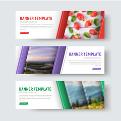 Poster - Set of vector white horizontal web banners with diagonal stripes and place for photo