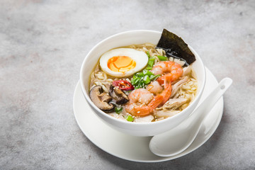 Canvas Print - ramen noodle soup with prawn, shiitake mushroms and egg in white bowl