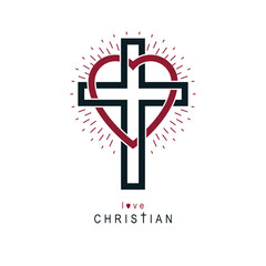 Love of God vector creative symbol design combined with Christian Cross and heart, vector logo or sign.