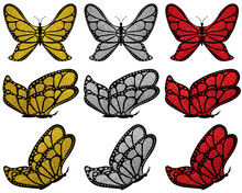 Gold, Silver And Red Glitter Patterned Butterfly Set On Transparent And White Isolated Background, 9 Pcs.