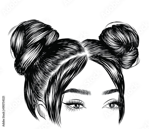 Cute Girl With Double Hair Buns And Long Silky Hair Close Up