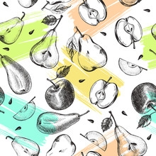 Decorative Seamless Pattern With Ink Hand Drawn Apples And Pears. Ripe Fruit Texture. Vector Illustration.