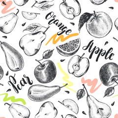 Wall Mural - Decorative seamless pattern with Ink hand drawn apples, oranges, pears. ripe fruit texture. Vector illustration.