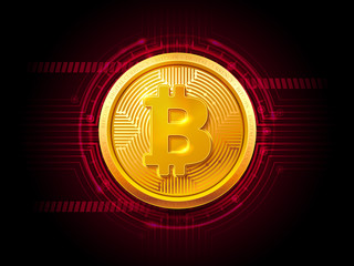 Poster - abstract technology hud bitcoin symbol. golden bitcoin coin on dark background. virtual money digita