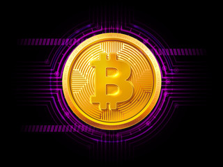 Poster - abstract technology hud bitcoin symbol. golden bitcoin coin on dark background. virtual money digita