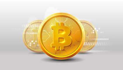  - bitcoins money virtual currency concept background. golden bitcoin coin blockchain technology for cr