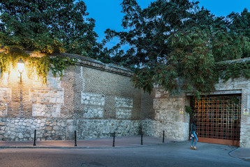 Wall Mural - Young woman walking in front of the iron gate a stone and brick wall built in the 16th century in Alcala de Henares (Spain)