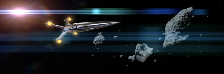 Wall Mural - spaceship flying through asteroid field lit by the Sun 